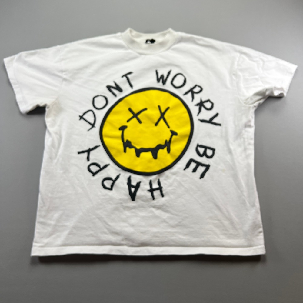 BoohooMAN T Shirt Men Medium White Smiley Face Dont Worry Be Happy Graphic Print